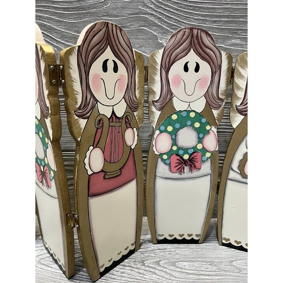 Vintage Wooden Painted Angels Folding Screen Retro Christmas Holiday 12” X 20” - Picture 3 of 6